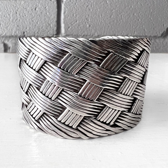 Huge VINTAGE Sterling Silver Mexico Woven Unisex Cuff - Picture 4 of 11
